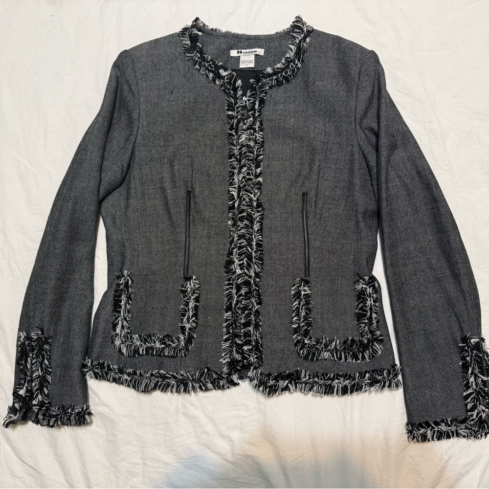 Nyguard Collection black & white tweed lined fringed trim jacket